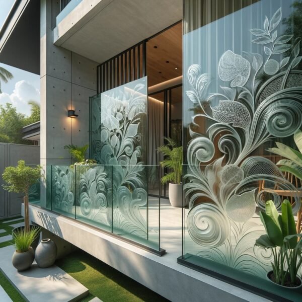 balkon kaca tempered motif bunga